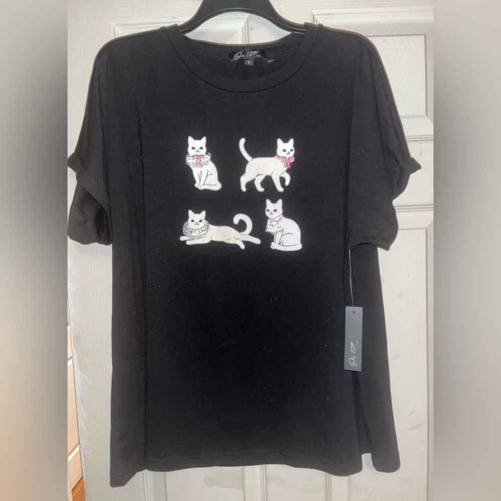 NWT, On 12th Black Top with White Cats, Size 1X